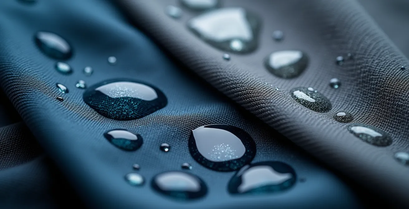 Detailaufnahme von Wassertropfen auf verschiedenen technischen Stoffoberflächen, die unterschiedliches Abperlverhalten zeigen