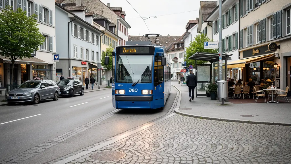 Belebte Zürcher Quartierstrasse mit Tram und lokalen Geschäften