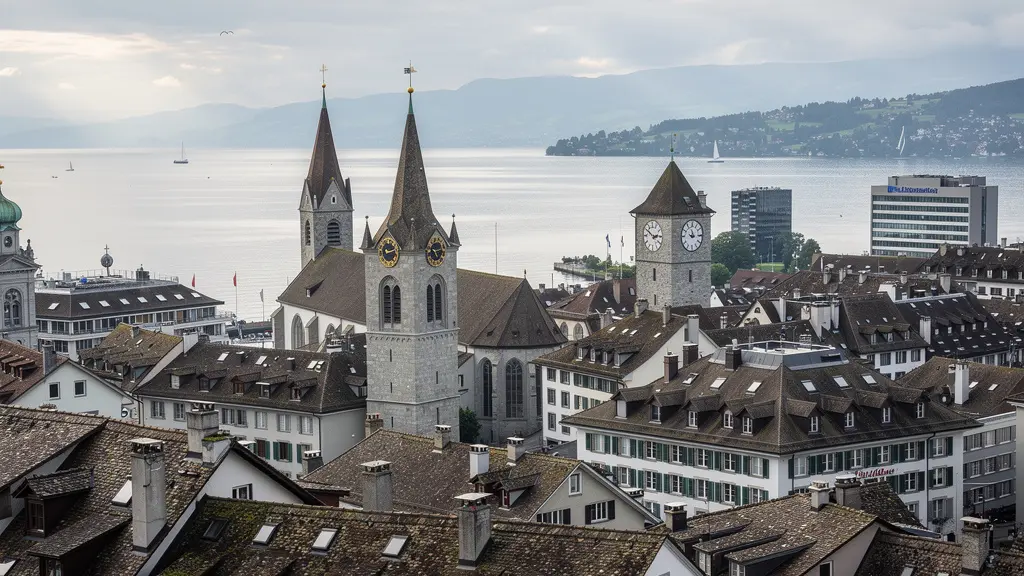 Panoramablick auf Zürich mit See und Altstadt im Morgenlicht
