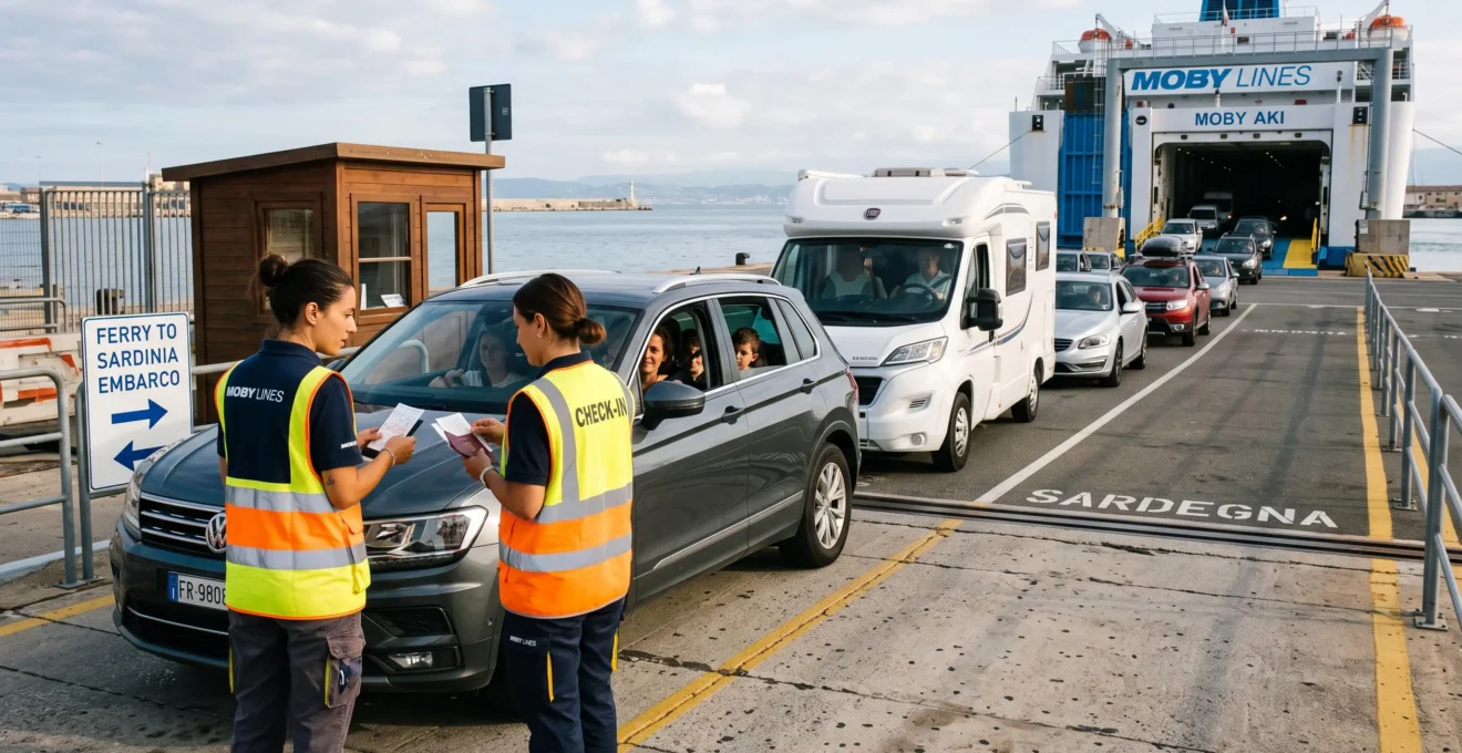 Ein Mitarbeiter mit Warnweste prüft am Fährterminal die Ausweisdokumente eines Autofahrers, während mehrere Fahrzeuge in der Schlange warten.