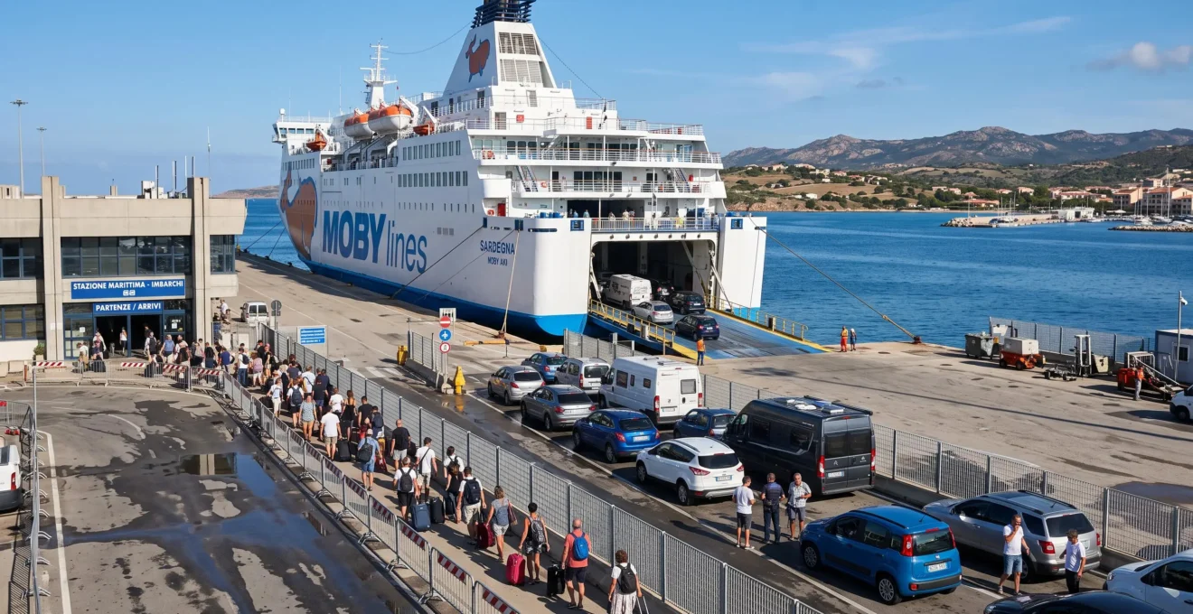 Ein Autofährschiff liegt an einem Mittelmeer-Terminal, während Fahrzeuge auf der Einfahrrampe anstehen und Passagiere mit Gepäck zum Terminal gehen.