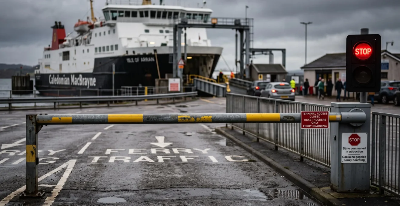 Eine geschlossene Schranke blockiert die Fahrspur zum Fährterminal, im Hintergrund ist das eingedockte Schiff unscharf zu sehen.